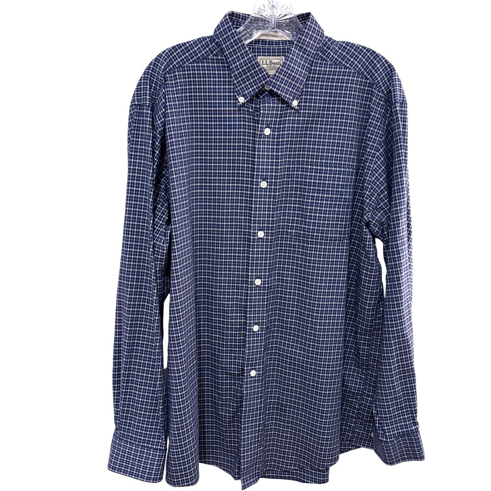 L.L. Bean Button Down Shirt Mens L Navy Blue White Check Wrinkle Resistant - Picture 3 of 9